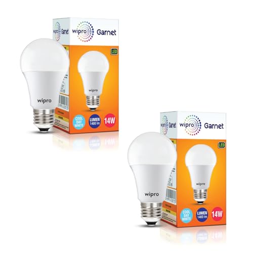 Image of wipro Garnet 14W LED Bulb for Home & Office |Cool Day White (6500K) | E27 Base|220 degree Light coverage |4Kv Surge Protection |400V High Voltage Protection |Energy Efficient | Pack of 2