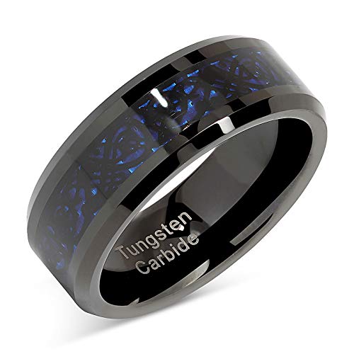 100S JEWELRY Tungsten Rings for Men Wedding Band Black Plated Celtic Dragon Inlaid Size 8-152