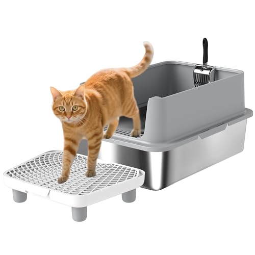 PawHut Stainless Steel Cat Litter Box, XL Kitty Litter Box for Big and Multiple Cats with High Wall Side, Scoop, Anti-Leakage, Easy Cleaning & Odour Free