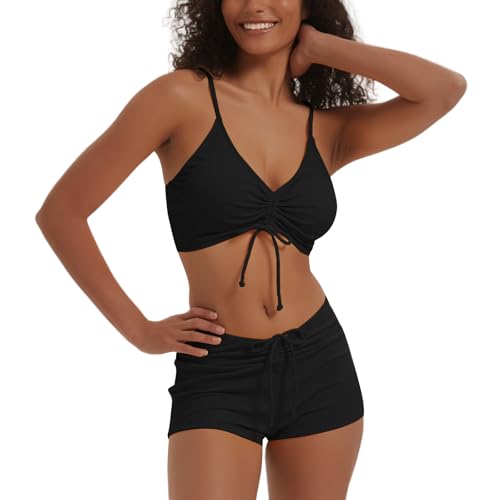 meioro Solider Badeanzug für Damen Bikini-Shorts zum Binden vorne...