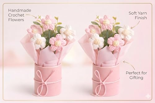 Image of Set of 2 Pink Crochet Flower Bouquet - Handmade Mini Knitted Daisy Flowers| Artificial Forever Flowers for Home Decor, Desk Decor, Birthday
