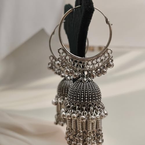 Image of Oxidised Silver Hoop Jhumka Tassel Earrings for Women, Traditional Indian Style,Antique Style Oxidised Earrings