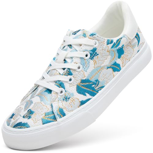 Image of ZGR Women's Canvas Tennis Sneakers Low Top Embroidery Breathable Casual | Low top canvas sneakers, breathable, blue floral embroidery with gold trim, for casual daily wear.