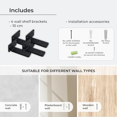 MILUKA Pack 4 Brackets for Shelving 10 cm | Metal L-shaped Brackets for Wall Shelves | Heavy Duty Steel, 70 kg | Black Industrial Design, Invisible Anchoring and Easy Installation