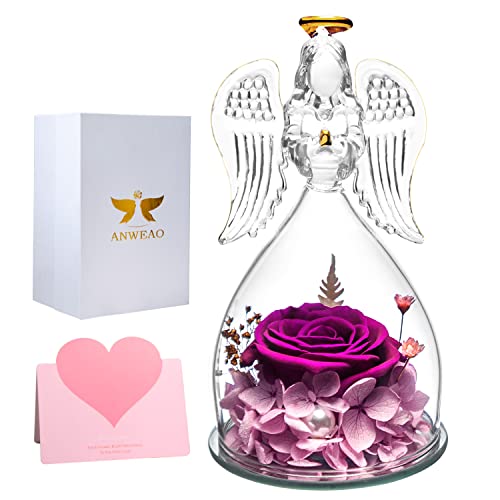 Gifts For Women Glass Angel Figurines With Real Rose, Handmade Preserved Roses That Last For Years Preserved Forever Flowers Roses In Glass Dome, Valentines Unique Gifts For Mom Grandma Her Women #TOP4