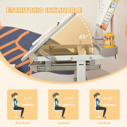 Miniatura 7 de Homcom Juego De Escritorio Y Silla Para Niños De 6 Años Pupitre Infantil Altura Ajustable Escritorio Infantil Con Mesa Inclinable Lámpara Cajón Y Estante Para Libros Gris