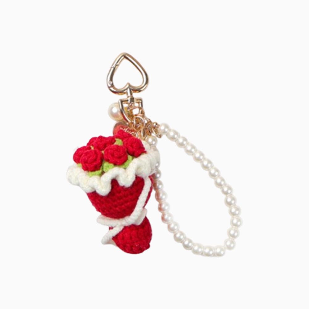 Hoepavy Key Rings Women,Cute Keyring,Crocheted Hand-Held Rose Keychain Backpack Decoration,Mobile Phone Car Key Pendant