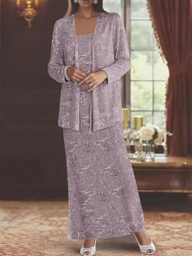 Lace Two Piece Mother of Bride Dress V Neck - with Long Sleeve Jacket Sleeveless Formal Evening Gown Elegant​3