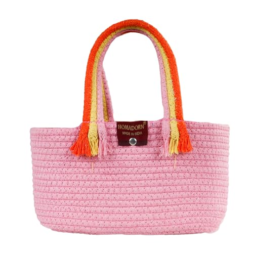 Image of HOMADORN Cotton Storage Basket with Sturdy Handles - Foldable, Durable, and Stylish Organizer for Toys, Clothes,Gifting and Home Essentials (PINK)
