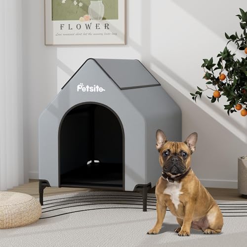 COSTWAY 2 in 1 Hundehütte & erhöhtes Hundebett, Hundeliege Outdoor, Haustierhaus mit atmungsaktivem Netzgewebe & Abnehmbarer Abdeckung, Hundehaus für kleine Hunde, Oxford, Grau (64 x 91 x 86 cm)