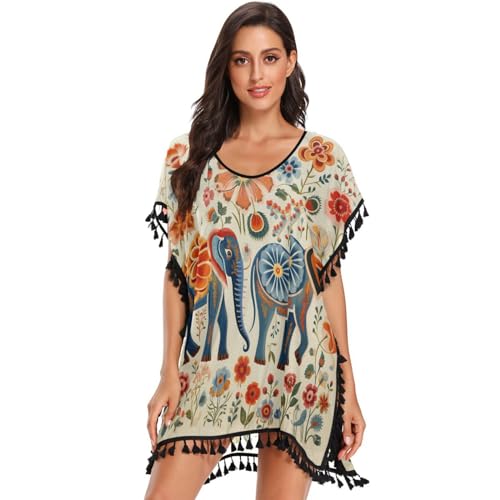 Flowers Elephants Forest Art Women's Beach Cover Up Chiffon Tassel Swimwear Swimsuit Coverups for Girl