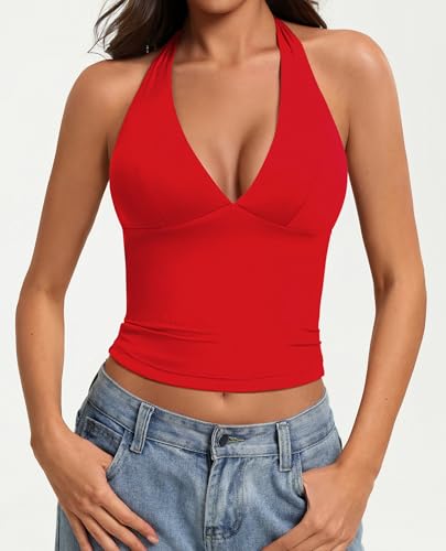 Image of Avidlove Women's Halter Top Deep V Going Out Tops Double Lined Sexy Backless Summer Crop Tank Top