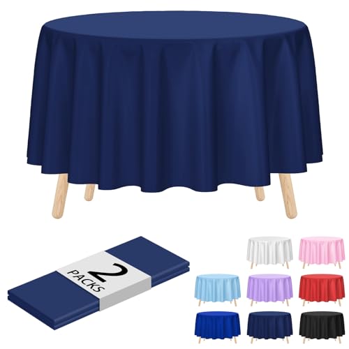 Image of Kopokita 2 Pack Navy Blue Round Disposable Plastic Tablecloths 84 inch
