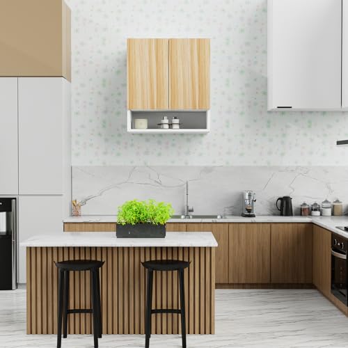 Image of 2 Door Multipurpose Wall Mounted Cabinet with Adjustable & Fixed Shelf | Storage for Kitchen, Bathroom, Office & Living Room | Assembly-DIY | Color-White & Asian Light | Size-60x33x63.8 Cm