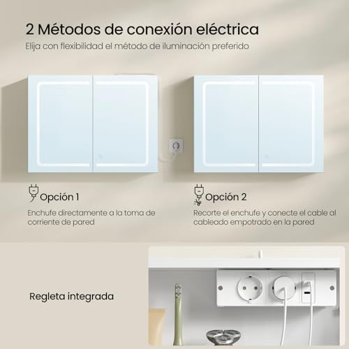 Miniatura 5 de Eugad Armario Baño Con Espejo Y Luz, Armario Pared De 2 Puertas, Luz Táctil 3 Colores, Estantes Ajustables, Ganchos De Joyería, Mueble Baño Para Piso Apartamento, Estilo Nórdico, Blanco, 80x14,5x60 Cm