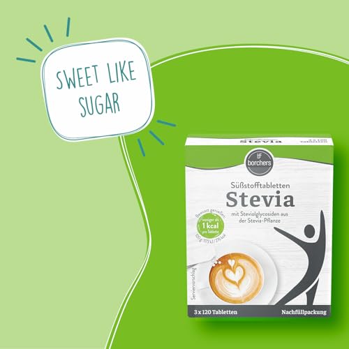 BORCHERS Stevia Süßstofftabletten Nachfüllpack, Tafelsüße 6x 360 Tabletten, Stevia-Zucker-Mischung, kalorienarm, praktischer Spender, Süßungsmittel, Zuckeralternative