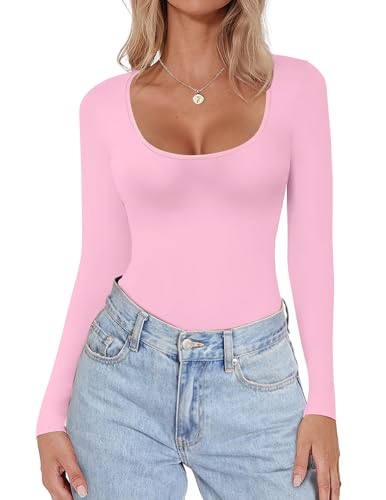 Ekouaer Women's Scoop Neck Long Sleeve Top Tight Shirts Thermal Undershirts Base Layer Tee Pink XL