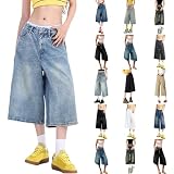 Baggy Shorts Damen Jorts Y2K Streetwear Vintage Weite Bein Jeansshorts Gewaschene Straight Knielange Jeans Caprihose mit Taschen Casual Skater Style Baggy Shorts für Sommermusikfestival