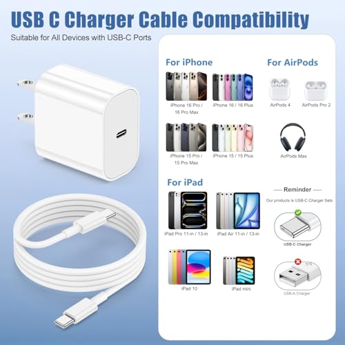 Image of iPhone 16 /15 Charger Fast Charging, 2Pack 20W PD USB C Fast Wall Charger Block with USB C to C Fast Charging Cable Cord Compatible with iPhone 16 /15 /15 Pro /15 Pro Max /15 Plus,iPad 12.9 /11 /10.9 /Air 5 /4