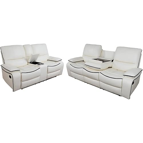Manual Reclining Living Room Furniture Set Leather Sofa & Loveseat with Storage Console for Living Room/House/Bedroom/Office (White/Bonded Leather)