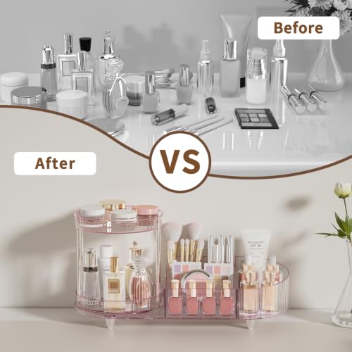 Image of Makeup Organizer for Vanity, 2 Rotating Perfume Trays and 5 Compartments