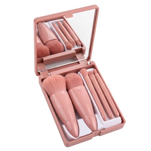 Kit Pincéis Maquiagem 5 Peças com Espelho Portátil para Bolsa