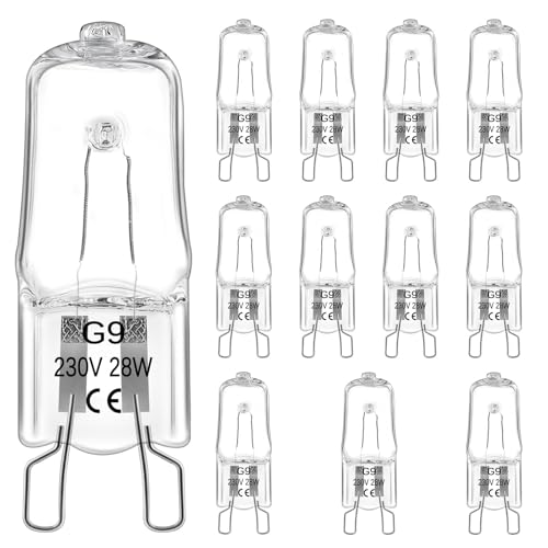 Paquete de 12 Bombilla Halógena G9 28W 230V, Bombilla Regulable 2800k Blanco Cálido, Halógena G9 Para Horno, Microondas, Lámpara de Cera, Candelabros, Lámparas de Mesa, Lámpara de Pared