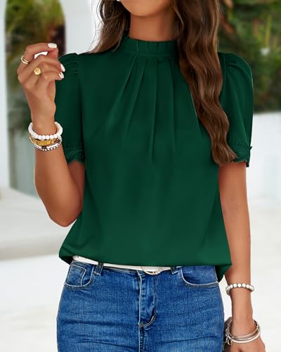 BTFBM Women's Dressy Casual Blouses Business Work Tops Lace Trim Short Sleeve Office Shirts 2025 Summer Spring Outfits2