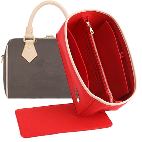 Image of Doxo Purse Organizer Insert & Base Shaper 2pc Set, Felt Handbag Bag Fit LV Speedy & Neverfull More (L-Red)