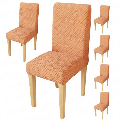 Image of Lukzer Elastic Dining Chair Cover - 6PC Pastel Orange Abstract | Textured High Stretch Jacquard Seat Cover | Removable Washable Short Dining Chair Cover Protector Seat Slipcover | (CC-169-06)