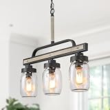 LOG BARN Farmhouse Chandeliers for Dining Room, 3-Light Rustic Mason Jar Chandelier Light Fixture, 22' L Faux Wood Kitchen Island Pendant Lighting
