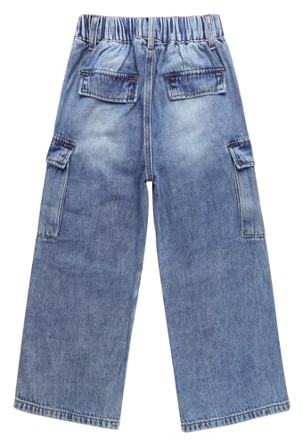 KIDSCOOL SPACE 6-Pocket Girls Wide-Leg Denim Pants, 5-14T Ribbed Waist with Opening On Leg Cargo Jeans2