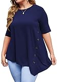 Sweetnight Women's Casual O-Neck Short Sleeve Solid Asymmetrical Pleated T-Shirt Blouse Top Plus Size (XXXL, Dark Blue)