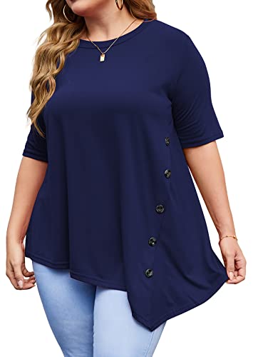 Sweetnight Women's Casual O-Neck Short Sleeve Solid Asymmetrical Pleated T-Shirt Blouse Top Plus Size (XXXL, Dark Blue)