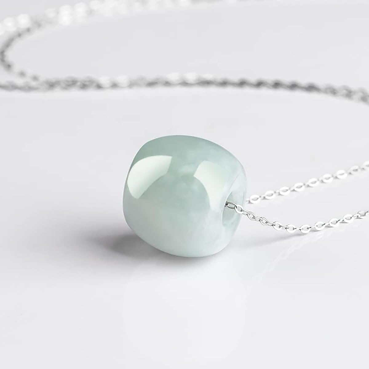 14K White Gold Jade Necklace, Grade A Natural Jadeite Barrel Pendant Necklace, Birthday Gift for Mother, Wife, Girlfriend