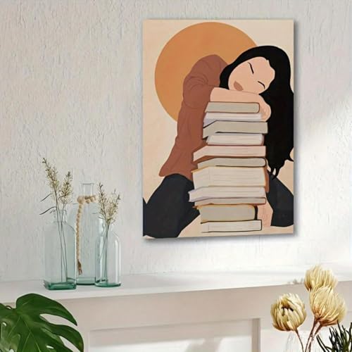 Toile sereine femme bohème et livres vintage pour infuser calme et poésie