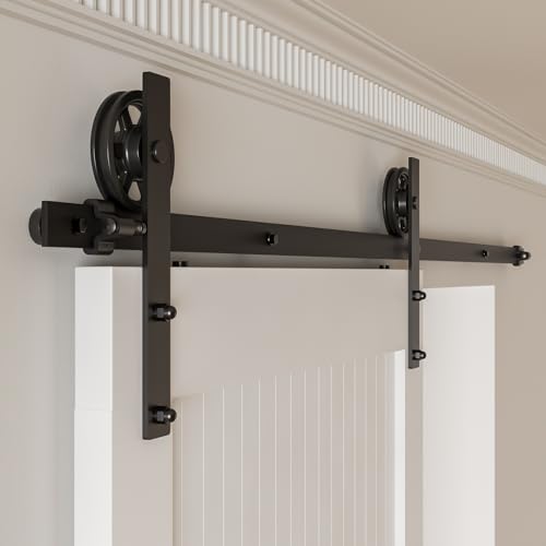 Schiebetürbeschlag 153cm Schiebetüren Schiebetürsystem Komplettset Laufschiene Rollen Set Schwarz für 1 Holztür 76cm Breit, Mittlere Rolle in I-Form