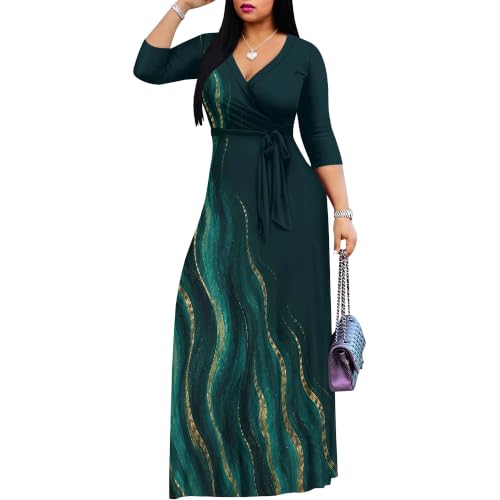 Image of Plus Size Maxi Dress for Women V Neck 3 /4 Sleeve Wrap Dress Teal L | Teal Floral Women's Maxi Dress