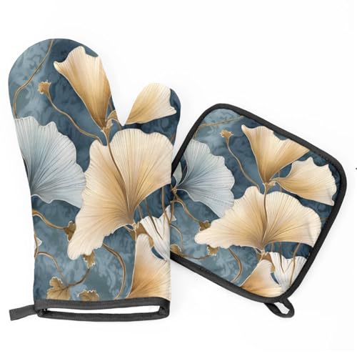Vintage Ginkgo Biloba Oven Mitts Kitchen Oven Gloves for Cooking Baking Heat Proof Lining Cotton Kitchen Potholder Mittens Pot Holders Hot Pads for Chef Women Men