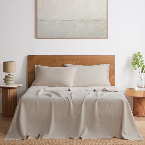 DAPU Pure Linen Sheets Set, 100% French Linen from Normandy, Breathable and Durable for Hot Sleepers, 4 Pcs Queen Size Sheets Set - 1 Flat Sheet, 1 Fitted Sheet, 2 Pillowcases (Natural Linen, Queen)