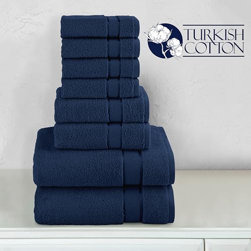 Image of Elegant Comfort Premium Cotton 8-Piece Towel Set, Includes 4 Washcloths, 2 Hand Towels and 2 Bath Towels, 100% Turkish Cotton - Highly Absorbent and Super Soft Towels for Bathroom, Navy