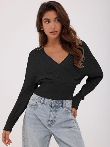 Image of ZAFUL Women's V Neck Cable Knit Sweater Long Sleeve Ribbed Crop Tops Wrap Surplice Solid Casual Pullover Jumper