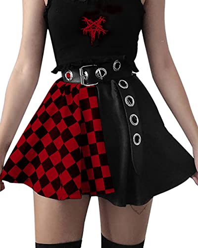 DINGJIUYAN Mini jupes noires avec imprimé croix punk et ceinture, Ceinture rouge, 44