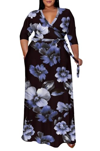 Image of Runwind Plus Size Dress for Women - 3 /4 Sleeve V Neck Maxi Dresses for Women (XL-6XL)