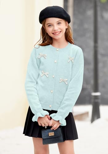 BesserBay Girl Fall 3D Bow Button Down Knit Ruffle Long Sleeve Cardigan Sweater 6-14 Years4