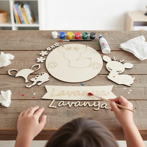 Image of Varenyam Personalized Wooden Name Plate Painting Kit for Kids | Creative Art & Craft Gift for Boys & Girls | with 6 Colors, Brush & Glue