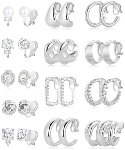 Wrlcorly 13 pares de brincos de pressão para mulheres, banhado a ouro 14 K, brincos de argola grossa, zircônia cúbica, tubo torcido, gota d'água, croissant, conjunto de joias de brincos falsos e