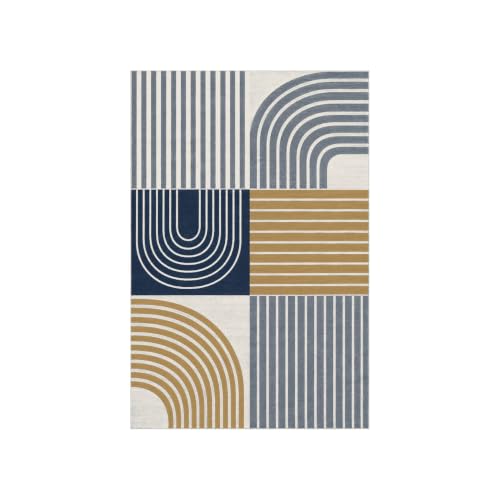 Halı, Retro Çizgili Patchwork, Kaymaz Taban, Makinede Yıkanabilir, Dijital Baskı Salon, Mutfak ve Yatak Odası Halısı, Lacivert, 120x180 cm