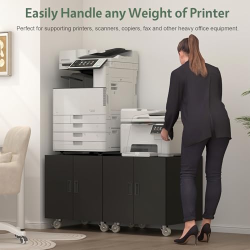 Image of Printer Stand with Storage, Metal Printer Table for Home Office, Heavy Duty Printer Stand with Shelf, Large Table with Wheels for Printers, Mobile Cabinet for Workplace, Fits Fax, Scanner