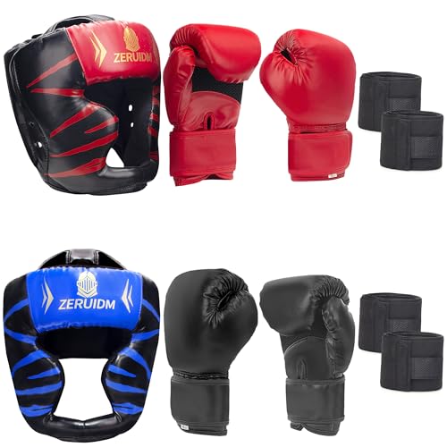 6-in-1 Boxing Headgear and Gloves Set, Training Sparring Safety Head Guard for MMA, Kickboxing, Muay Thai Trainees, Kids Teen Adults